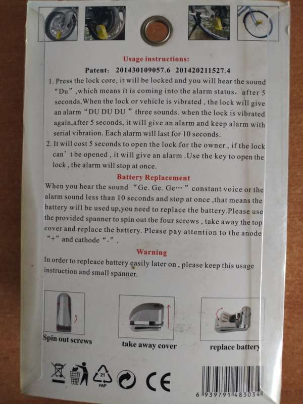 Crazy R1 Start! Alarm Brake Disc Lock 110dB - Waterproof